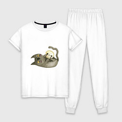 Пижама хлопковая женская Котик МЯУ и череп, цвет: белый