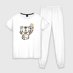 Пижама хлопковая женская Тигренок машет лапкой, цвет: белый