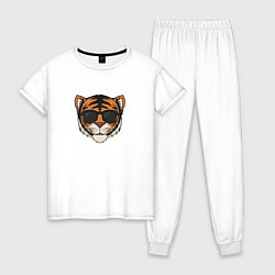 Пижама хлопковая женская Тигр в очках голова, цвет: белый
