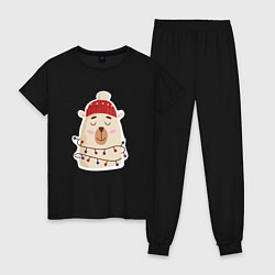 Пижама хлопковая женская Медведь в гирляндах, цвет: черный