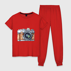 Пижама хлопковая женская Ретро фотокамера, цвет: красный