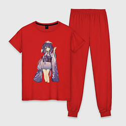 Пижама хлопковая женская Чиби Сёгун Райден и лисичка Яэ Мико, цвет: красный