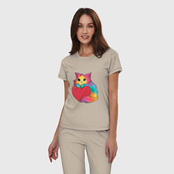 Пижама хлопковая женская Влюбленный котик держит сердце, цвет: миндальный — фото 2