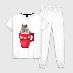 Пижама хлопковая женская Удивленный кот в кружке, цвет: белый