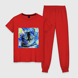 Пижама хлопковая женская Кот ван Гога Настроение, цвет: красный