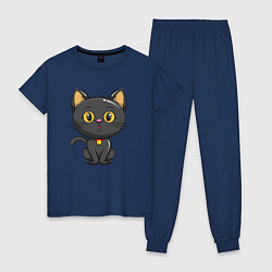 Пижама хлопковая женская Черный маленький котенок, цвет: тёмно-синий