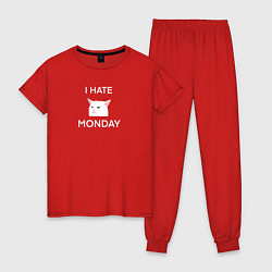 Пижама хлопковая женская I hate monday текст с котом, цвет: красный