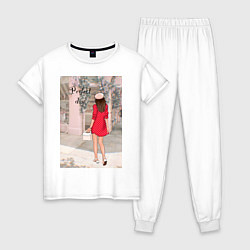 Пижама хлопковая женская Девушка в Париже, цвет: белый