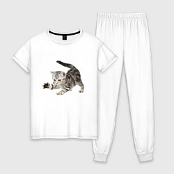 Пижама хлопковая женская Шустрый прикольный котёнок, цвет: белый