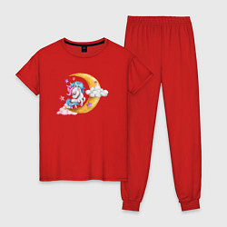 Пижама хлопковая женская Единорог на облаках, цвет: красный