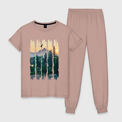 Пижама хлопковая женская Горные Походы и Птицы, цвет: пыльно-розовый