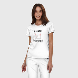 Пижама хлопковая женская I hate people, текст с белым котом, цвет: белый — фото 2