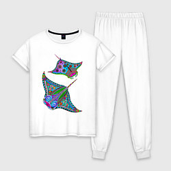 Пижама хлопковая женская Скаты с психоделической раскраской, цвет: белый