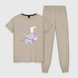Пижама хлопковая женская Милый Слонёнок и Кролик Играют С Воздушным Змеем, цвет: миндальный