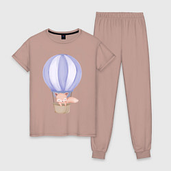 Пижама хлопковая женская Милый Лисёнок Взлетает На Воздушном Шаре, цвет: пыльно-розовый
