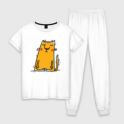 Пижама хлопковая женская Спокойный кот Йога, цвет: белый