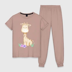 Пижама хлопковая женская Милый Жирафик С Цветками, цвет: пыльно-розовый