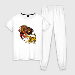 Пижама хлопковая женская Тигр и Дракон Инь и Ян, цвет: белый