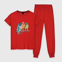 Пижама хлопковая женская Три волнистых попугая на ветке, цвет: красный