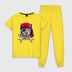 Пижама хлопковая женская Кот пират и рыбьи кости, цвет: желтый