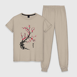 Пижама хлопковая женская Сакура с иероглифами, цвет: миндальный