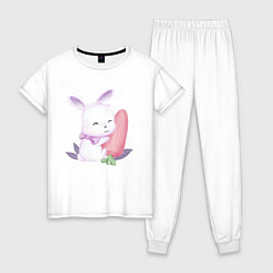 Пижама хлопковая женская Милый Крольчонок С Большой Морковкой, цвет: белый