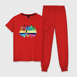 Пижама хлопковая женская Медведь и разноцветные горы, цвет: красный