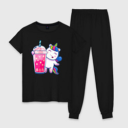 Пижама хлопковая женская Молочный чай с пузырьками и единорожка, цвет: черный