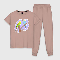 Пижама хлопковая женская Волнистыи попугай Птицы, цвет: пыльно-розовый