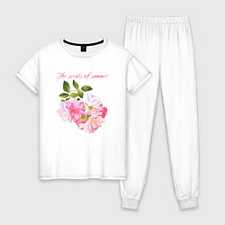 Пижама хлопковая женская Ароматы лета розовые розы лето, цвет: белый