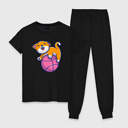 Пижама хлопковая женская Котик с мячиком, цвет: черный