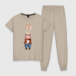 Пижама хлопковая женская Кролик в очках, цвет: миндальный