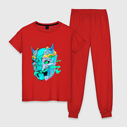 Пижама хлопковая женская Neon skull skeleton demon, цвет: красный