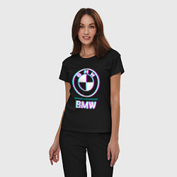 Пижама хлопковая женская Значок BMW в стиле glitch, цвет: черный — фото 2
