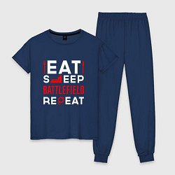 Пижама хлопковая женская Надпись eat sleep Battlefield repeat, цвет: тёмно-синий