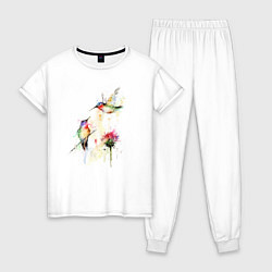 Пижама хлопковая женская Живопись полет колибри, цвет: белый