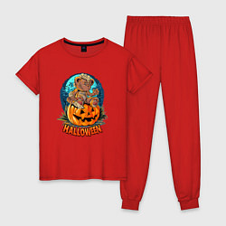Пижама хлопковая женская Halloween - Мишка на тыкве, цвет: красный