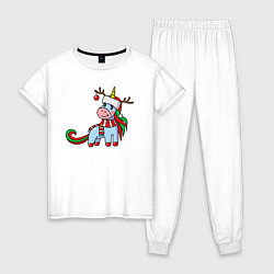 Пижама хлопковая женская Праздничный единорoг, цвет: белый