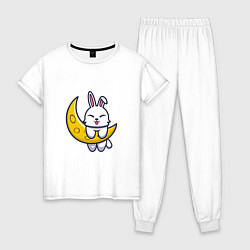 Пижама хлопковая женская Кролик на луне, цвет: белый