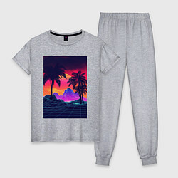 Пижама хлопковая женская Синтвейв пляж и пальмы, цвет: меланж