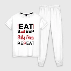 Пижама хлопковая женская Надпись: eat sleep Sally Face repeat, цвет: белый