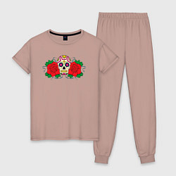 Пижама хлопковая женская Мексиканский череп и розы, цвет: пыльно-розовый