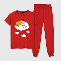 Пижама хлопковая женская Влюбленные медвежата на облаке, цвет: красный