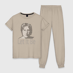 Пижама хлопковая женская Портрет Джона Леннона и текст песни Let It Be, цвет: миндальный