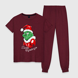 Пижама хлопковая женская Merry Christmas, Santa Claus Grinch, цвет: меланж-бордовый
