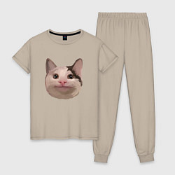 Пижама хлопковая женская Polite cat meme, цвет: миндальный