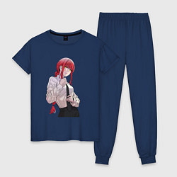 Пижама хлопковая женская Просто Макима с галстуком, цвет: тёмно-синий