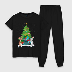 Пижама хлопковая женская Кролики елка и мешок подарков, цвет: черный