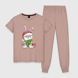 Пижама хлопковая женская Новогодний кролик с елочкой, цвет: пыльно-розовый