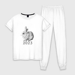 Пижама хлопковая женская Новогодний белый кролик, символ 2023 года, цвет: белый